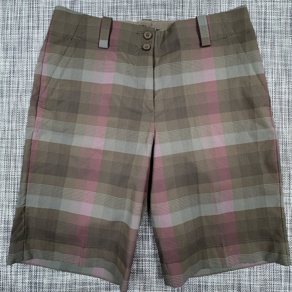 Nike Golf Dri Fit Bermuda Shorts Womens 4 Brown Pink Plaid Stretch Flat Front